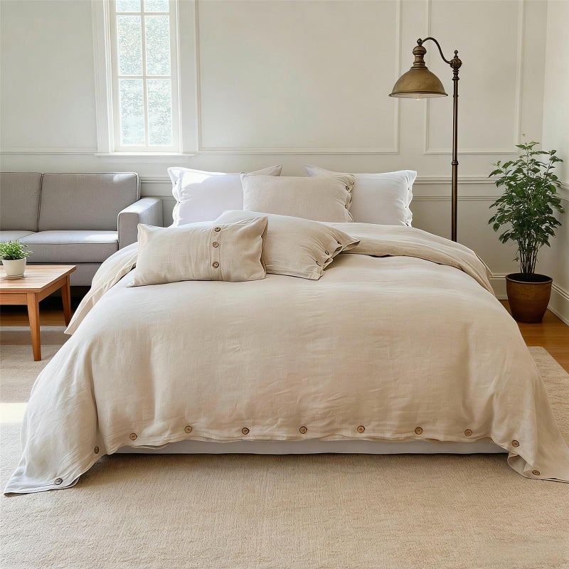 Simple&Opulence 100% Linen Duvet Cover Set 3pcs with Coconut Button Closure Natural French Washed Flax Solid Color Soft Breathable Farmhouse Bedding - Linen, Queen Size - Image 1
